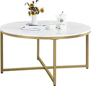 Yaheetech Faux Marble Coffee Table, 35.5in Round Coffee Table with Metal Legs for Living Room, Modern Center Table for Home & Office, White and Gold
