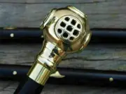 Designer Walking Stick Cane Brass Diving Helmet Head Handle Wooden Vintage Gift