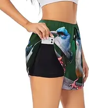 [GaxfjRu] Two Birds Print Women's Running Shorts High Waisted Running Shorts Pocket Sporty Gym Elastic Short