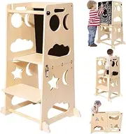 Beideli 3-in-1 Toddler Learning Tower, Kitchen Step Stool with Double-Sided Blackboard, Wooden Kitchen Helper, Foldable Montessori Stand for Kids Aged 18 Months to 6 Years