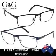 Mens Optical Reading Glasses Black Metal Frame 1.5 Magnification Spring Loaded