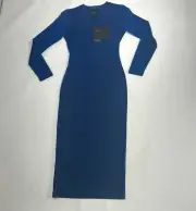 Cynthia Rowley Womens Navy Metallic Knit Long Sleeve Midi Sheath Dress Size XS