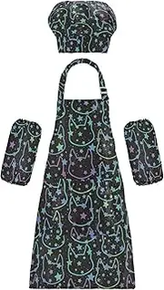 AIXIWAWA Kids Apron Chef Hat Set, Child Kitchen Bib Aprons Adjustable for Cooking Baking Painting (Neon Cat Stars)