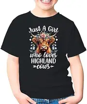 [SDVN] Just A Girl Who Loves Highland Cows Scottish Highland Cows Farm Farming Farmer Unisex Kids Shirt Youth T-Shirt (Black;XS)