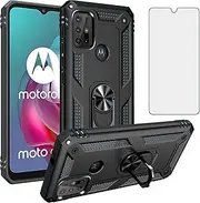 Phone Case for Moto G30/G20/G10/10 Power 2021 with Tempered Glass Screen Protector and Stand Ring Holder Hard Shockproof Heavy Duty Accessories MotoG30 MotoG20 MotoG10 Motorola G 30 20 G10Power Black