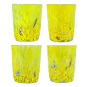 Set of Four 4 Murano Glasses Drinking Art Tumbler Yellow Handmade Millefiori