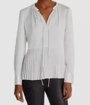$345 Theory Women's White Satin Pleated Peplum Hem Top Petite Size P