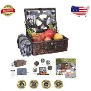 Vintage Wicker Picnic Basket for 4 with Wine Glasses & Water-Resistant Blanket