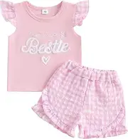 [Kavousa] Baby Girl Summer Clothes Toddler Girl Summer Outfits Bow Short Sleeve Tops Plaid Shorts Set Little Girls Clothes