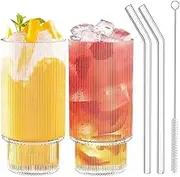 Ribbed Glasses, 2 Pcs 14.8oz Glasses Drinking Cups with 2 Pcs Glass Straws Iced Coffee Cups Glassware Reusable Clear Glassware Glass Tumbler for Coocktail, Whiskey, Beer, Water, Juice