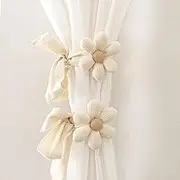 MWRDSM 2pcs Curtain Tiebacks, Flower Curtain Ties for Drapes, Boho Curtain Tiebacks with Adjustable Strap, Cotton Holdbacks for Indoor Outdoor Drapes Decor (Beige)