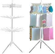 3-Tier Clothes Drying Rack, Folding Laundry Drying Rack, Indoor Outdoor Space Saving Stand Hanger with 24 Clips and 32 Towels Bars for Baby Clothes, Cloth Diapers, Socks, Bras, Towels, Underwear