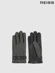 Reiss Black Vaughn Leather And Wool-Blend Herringbone Gloves (E78648) | $155