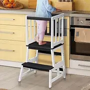 COSYLAND Nursery Step Stool for Kids - Toddler Standing Tower for Kitchen Counter - Mothers' Helper Kids Learning Stool in Kitchen - A Shaped Anti-tip Structure (White & Black)