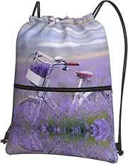 EdWal Lavender Field Retro Bike Agriculture Print Drawstring Backpack Gym Bags Sports Bags With Zipper Pocket For Travel Swimming Beach, Black, One Size
