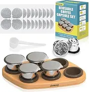 CAPMESSO Reusable Coffee Pods for Nespresso OriginalLine - 6 Refillable Stainless Steel Capsules Compatible With OriginalLine Machine (6 Pods, 100 Lids, Wood Storage Tray)