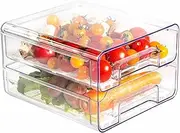 Qielie Food Storage Containers-Double Layer Pantry Organizer with Lids, Removable Drain Tray Fruit Vegetables Storage Rack Clear Fridge Storage Stackable Meal Fresh Keeper Bins