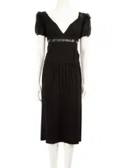 Black Fox-Fur Shoulder Trim Midi Dress