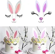 2 Pack Bunny Ears Cake Topper Decorations with Eyelashes Nose Ear, Cupcake Topper for Easter, Christmas, Birthday Party Decor