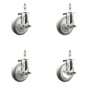 5 Inch 316SS Gray Polyurethane Swivel 3/8 Inch Threaded Stem Caster Set Brake