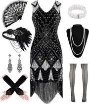 Morakot 1920S Women Flapper Dress V Neck Sequin Fringed Dress Cocktail Dress with Roaring 20s Accessories Black-silver Medium