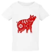 Chinese Zodiac New Year Pig Animal Art Boys Girls White T Shirt Tee Top Kids