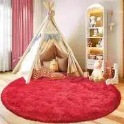 Round Fluffy Rug 4FT Red - Super Soft Circle Rug for Kids Room - Shaggy