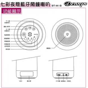 Dennys 觸控夜燈鬧鐘藍牙喇叭 BT-M18 時鐘、鬧鐘功能