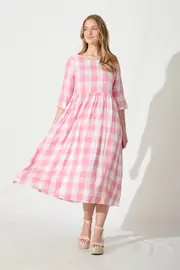 Zara Midi Smock Dress 3/4 Sleeve in Pink with White Gingham Cotton 8