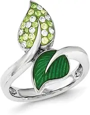[JewelryWeb] 925 Sterling Silver Solid Polished Preciosa Crystal and Enameled Green Leaves Ring Band Style-Ring for Women