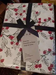 WEST ELM Red/Green Pomegranate KING Percale Cotton Sheet Set NWT, Sealed!