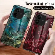 For vivo iQOO Z9 Turbo, Luxury Marble Tempered Glass Back Soft Bumper Case Cover