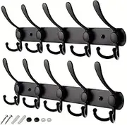 Coat Rack Wall Mounted,2 Pcs Heavy Duty Metal Coat Hook Rail,Stainless Steel Hook- 5 Tri Hooks for Coat Hat Towel Purse Robes (Black)