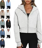 [NAMSAT] Womens Zip Up Crop Top Hoodie Womens Fall Clothes Casual Hooded Sweatshirt Grey Large, Gray, G