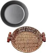 Ciieeo 1Set Iron Steak Plate with Rattan Basket Non Stick Fry Pan for Grilling Serving Kitchen Tray for Fish Easy to Clean Lightweight Design