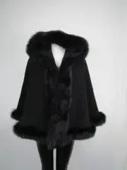 Women's New Black Cashmere Wool Wrap Cape Fox Fur Hood CYBER MONDAY SALE