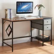 HOMFURN Computer Desk with Drawer, Study Desk with 2 Tiers Storage Shelf Headphone Hook,Brown