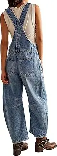 [TACSTRUN] Women's Denim Bib Overall Loose Fit Barrel Wide Leg Jean Overalls Adjustable Straps Distressed Denim Romper