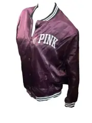 Victoria's Secret Pink Satin Bomber Jacket Snap Buttons Maroon Medium NWT