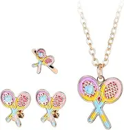 [CERSLIMO] Girls Jewellery Set - Adorable Racket Bat Ear Clip Earrings/Necklace/Adjustable Rings, Sport Necklace Kids Jewelry Christmas Birthday Gifts for Daughter Granddaughter Niece, Gold Plated, No