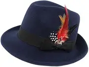 [Generic] Stylish Navy Blue Wool Felt Fedora Hat for Men Handmade with Crushable