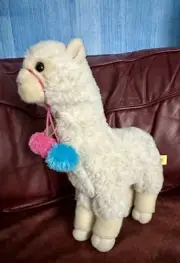 New Aurora Miyoni White Plush 12" Alpaca Stuffed Animal W/ Pink & Blue Pom Poms