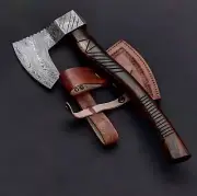 Handmade 18" Damascus Steel Viking Short Axe With Leather Sheath For Protection