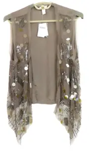NWT CHICO'S Women 's Viscose Nylon Open Front Vest Bead Sequin Taupe Size 2 $109