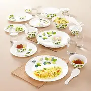 Larah By Borosil Green Leaves Silk Series Opalware Dinner Set With Glasses, 40 Pcs For Family of 6, Microwave & Dishwasher Safe, Bone-Ash Free, Crockery Set For Dining & Gifting, Plates & Bowls, White
