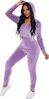 [PINSV] 2 Piece Outfits Velour Tracksuit For Women Zip Up Hoodie Velvet Jogging Sweatsuit Workout