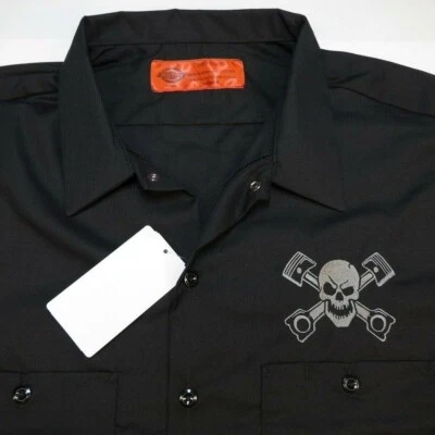 NEW DICKIES PISTONS PISTON SKULL & CROSSBONES TATTOO ART PIT CREW WORK SHIRT