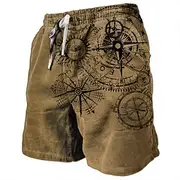 Men's Nautical Graphic Prints Compass Sweat Shorts Beach Shorts Terry Shorts Mid Waist Retro Vintage Casual Daily Holiday Streetwear Drawstring Elastic Waist 3