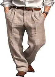 [Aosufei] Men's Cotton Linen Baggy Vacation Pants Breathable Comfort Beach Trousers Solid Straight Leg Summer Pants, Khaki, Small