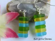 Stacked Green, Yellow, & Blue Sea Glass Pebble Earrings, Gift For Her Ocean Love